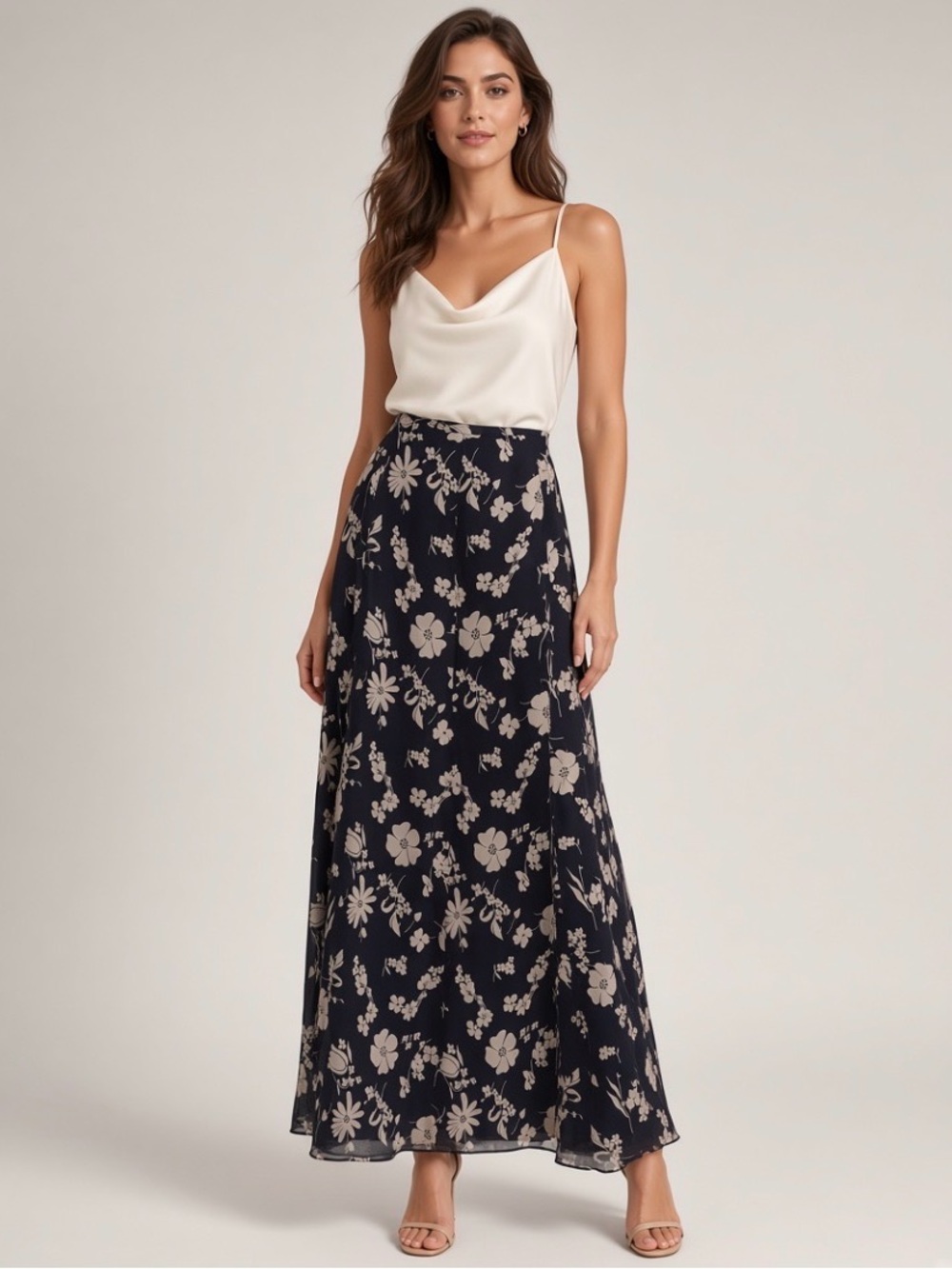 Banana Republic Silk Floral Midi Skirt – Navy Blue with Cream Flowers